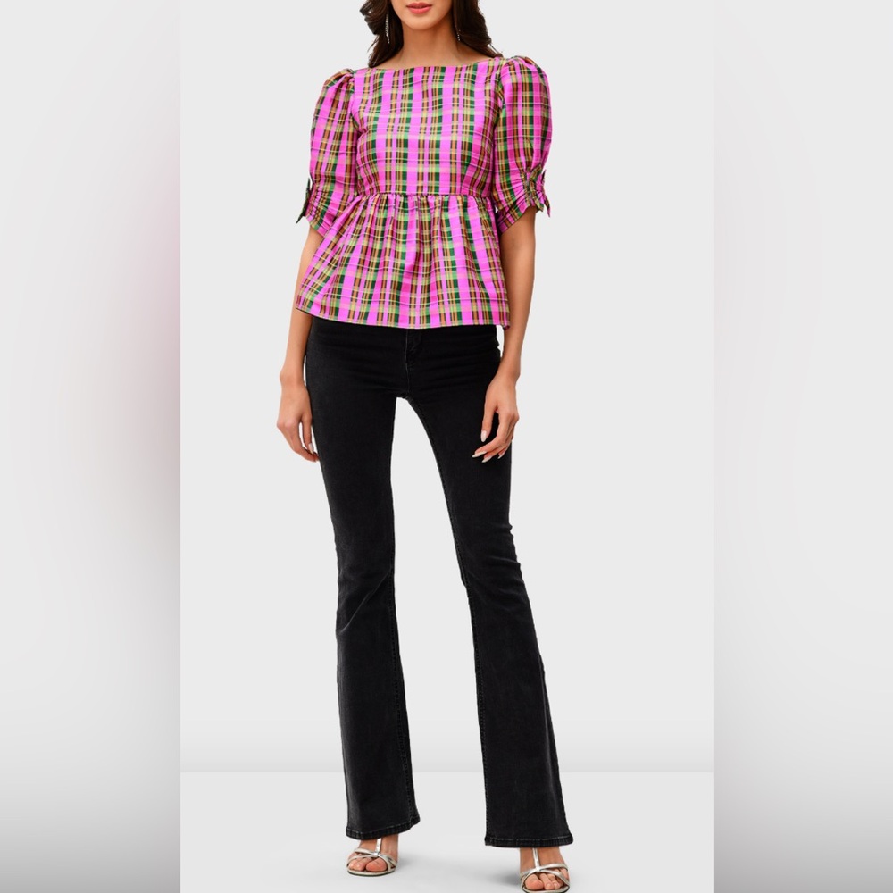 WAYWARD FANCIES Check Print Dupioni Peplum Top XXL Feminine Preppy Casual - Picture 4 of 12